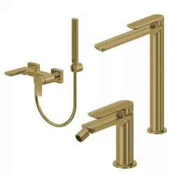 Set miscelatore lavabo alto e bidet con esterno vasca oro spazzolato – Fusion