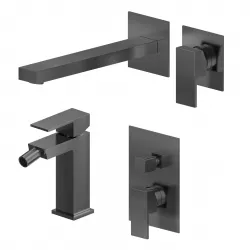 Set miscelatore lavabo a muro canna 25 e bidet con incasso doccia con deviatore nero spazzolato – Kyria