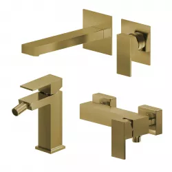 Set miscelatore lavabo a muro canna 20 e bidet con esterno doccia oro spazzolato – Kyria