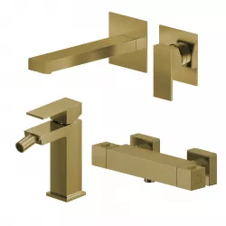 Set miscelatore lavabo a muro canna 20 e bidet con esterno doccia termostatico oro spazzolato – Kyria