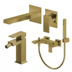 Set miscelatore lavabo a muro canna 20 e bidet con esterno vasca oro spazzolato – Kyria