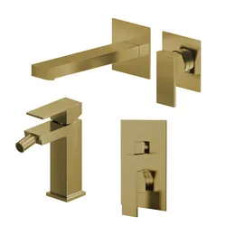 Set miscelatore lavabo a muro canna 20 e bidet con incasso doccia con deviatore oro spazzolato – Kyria