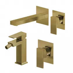 Set miscelatore lavabo a muro canna 20 e bidet con incasso doccia oro spazzolato – Kyria