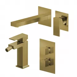 Set miscelatore lavabo a muro canna 20 e bidet con incasso doccia termostatico con deviatore oro spazzolato – Kyria
