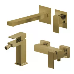 Set miscelatore lavabo a muro canna 25 e bidet con esterno doccia oro spazzolato – Kyria