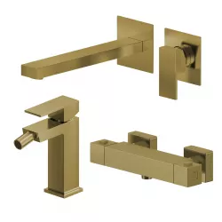 Set miscelatore lavabo a muro canna 25 e bidet con esterno doccia termostatico oro spazzolato – Kyria