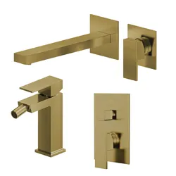Set miscelatore lavabo a muro canna 25 e bidet con incasso doccia con deviatore oro spazzolato – Kyria
