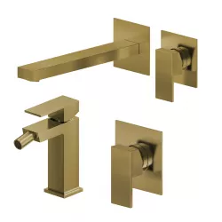 Set miscelatore lavabo a muro canna 25 e bidet con incasso doccia oro spazzolato – Kyria
