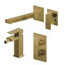 Set miscelatore lavabo a muro canna 25 e bidet con incasso doccia termostatico con deviatore oro spazzolato – Kyria