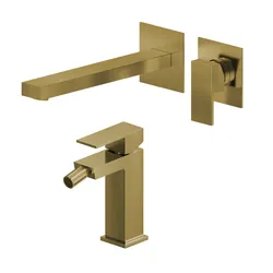 Set miscelatore lavabo a muro canna 25 e bidet oro spazzolato – Kyria