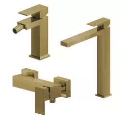 Set miscelatore lavabo alto e bidet con esterno doccia oro spazzolato – Kyria