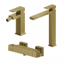 Set miscelatore lavabo alto e bidet con esterno doccia termostatico oro spazzolato – Kyria