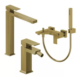 Set miscelatore lavabo alto e bidet con esterno vasca oro spazzolato – Kyria