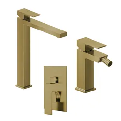 Set miscelatore lavabo alto e bidet con incasso doccia con deviatore oro spazzolato – Kyria