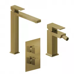 Set miscelatore lavabo alto e bidet con incasso doccia termostatico con deviatore oro spazzolato – Kyria