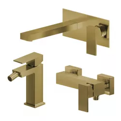 Set miscelatore lavabo a muro canna 20 con piastra e bidet con esterno doccia oro spazzolato – Kyria