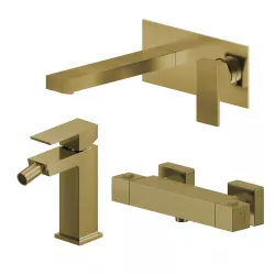 Set miscelatore lavabo a muro canna 20 con piastra e bidet con esterno doccia termostatico oro spazzolato – Kyria