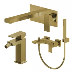Set miscelatore lavabo a muro canna 20 con piastra e bidet con esterno vasca oro spazzolato – Kyria