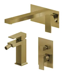 Set miscelatore lavabo a muro canna 20 con piastra e bidet con incasso doccia con deviatore oro spazzolato – Kyria