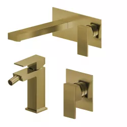Set miscelatore lavabo a muro canna 20 con piastra e bidet con incasso doccia oro spazzolato – Kyria