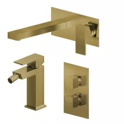 Set miscelatore lavabo a muro canna 20 con piastra e bidet con incasso doccia termostatico con deviatore oro spazzolato – Kyria