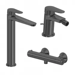 Set miscelatore lavabo alto e bidet con scarico con esterno doccia termostatico nero spazzolato – Lir