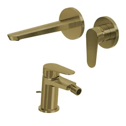 Set miscelatore lavabo a muro canna 20 cm e bidet con scarico oro spazzolato – Lir