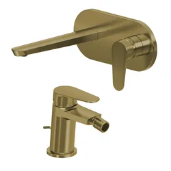 Set miscelatore lavabo a muro canna 20 cm con piastra e bidet con scarico oro spazzolato – Lir