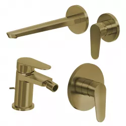 Set miscelatore lavabo a muro canna 25 cm e bidet con scarico con incasso doccia oro spazzolato – Lir