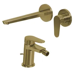 Set miscelatore lavabo a muro canna 25 cm e bidet con scarico oro spazzolato – Lir