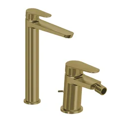 Set miscelatore lavabo alto e bidet con scarico oro spazzolato – Lir