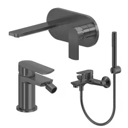 Set miscelatore lavabo a muro canna 20 cm con piastra e bidet con esterno vasca nero spazzolato – Fluid