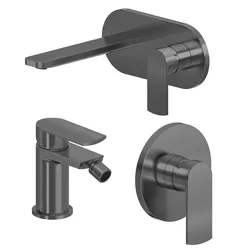Set miscelatore lavabo a muro canna 20 cm con piastra e bidet con incasso doccia nero spazzolato – Fluid