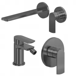 Set miscelatore lavabo a muro canna 25 cm e bidet con incasso doccia nero spazzolato – Fluid