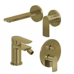 Set miscelatore lavabo a muro canna 20 cm e bidet con incasso doccia con deviatore oro spazzolato – Fluid