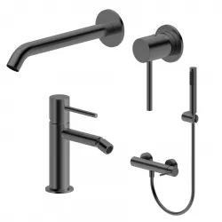 Set miscelatore lavabo a muro e bidet con esterno doccia nero spazzolato – Oasis