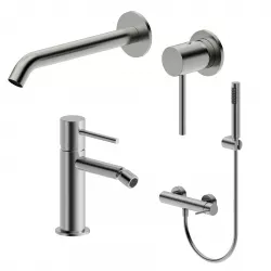Set miscelatore lavabo a muro e bidet con esterno doccia spazzolato – Oasis