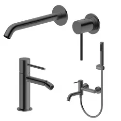 Set miscelatore lavabo a muro e bidet con esterno vasca nero spazzolato – Oasis