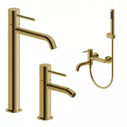 Set miscelatore lavabo alto e bidet con esterno vasca oro spazzolato – Oasis