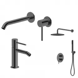 Set miscelatore lavabo a muro e bidet con incasso doccia nero spazzolato – Oasis