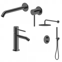 Set miscelatore lavabo a muro e bidet con incasso doccia termostatico nero spazzolato – Oasis