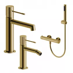 Set lavabo e bidet con esterno doccia termostatico in ottone oro spazzolato - Crystal