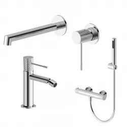 Set lavabo a muro e bidet con esterno doccia termostatico in ottone cromo - Crystal