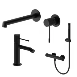Set lavabo a muro e bidet con esterno doccia termostatico in ottone nero opaco - Crystal