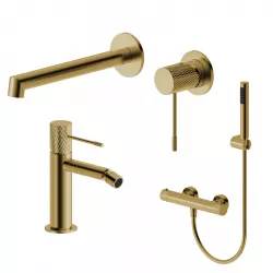 Set lavabo a muro e bidet con esterno doccia termostatico in ottone oro spazzolato - Crystal