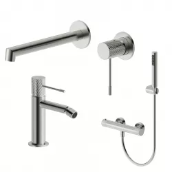 Set lavabo a muro e bidet con esterno doccia termostatico in ottone  spazzolato - Crystal