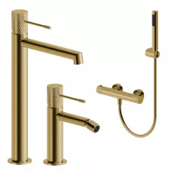 Set lavabo alto e bidet con esterno doccia termostatico in ottone oro spazzolato - Crystal