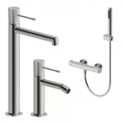 Set lavabo alto e bidet con esterno doccia termostatico in ottone  spazzolato - Crystal