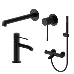 Set lavabo a muro e bidet con esterno vasca termostatico in ottone nero opaco - Crystal