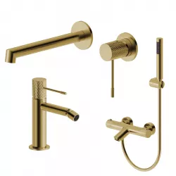 Set lavabo a muro e bidet con esterno vasca termostatico in ottone oro spazzolato - Crystal